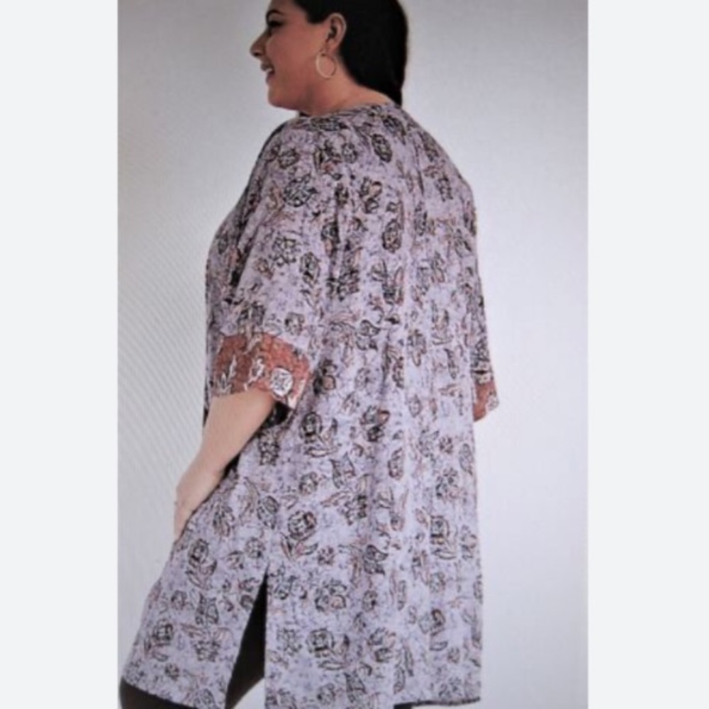Maurices Floral Kimono Long Length Purple Brown Border Print Size 0X - Picture 4 of 15